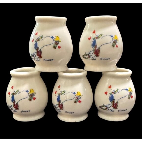 United Feature Syndicate Other - Vintage 5x Peanuts Hawaiian Snoopy & Woodstock w/ Leis Mini Bud 2" Vases - Japan